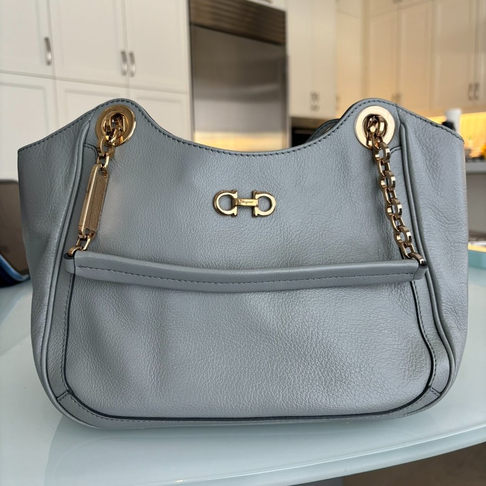 Salvatore Ferragamo Light Blue Leather Tote with Gold Hardware